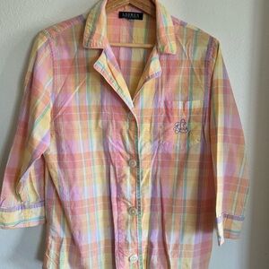 Lauren Ralph Lauren Pastel Plaid Button Front Shirt - Yellow Pink Mint